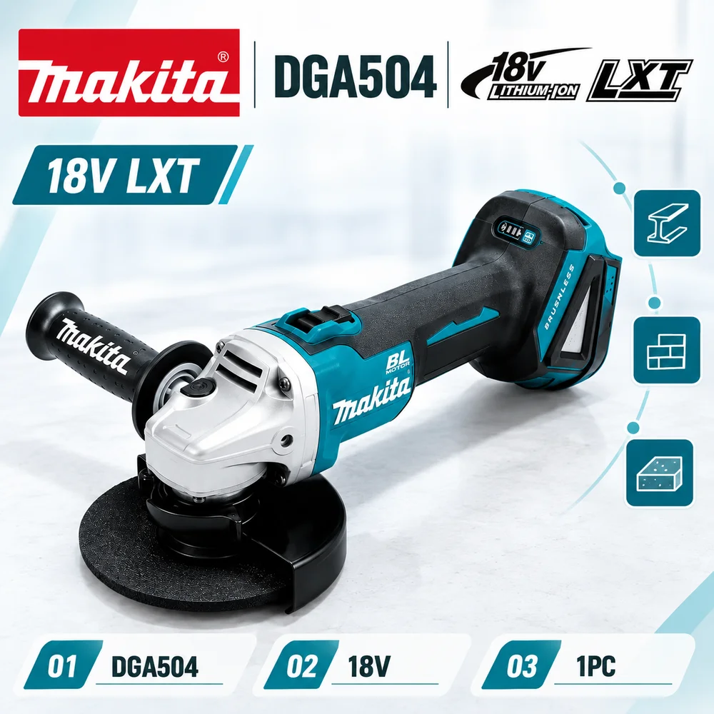 Image of Akku-Winkelschleifer Makita DGA504 18V Bürstenloses Werkzeug zum Schneiden, Schleifen und Polieren von Metall und Holz, 18V LXT-Akku-Optionen, 1 Stück Werkzeug oder Set
