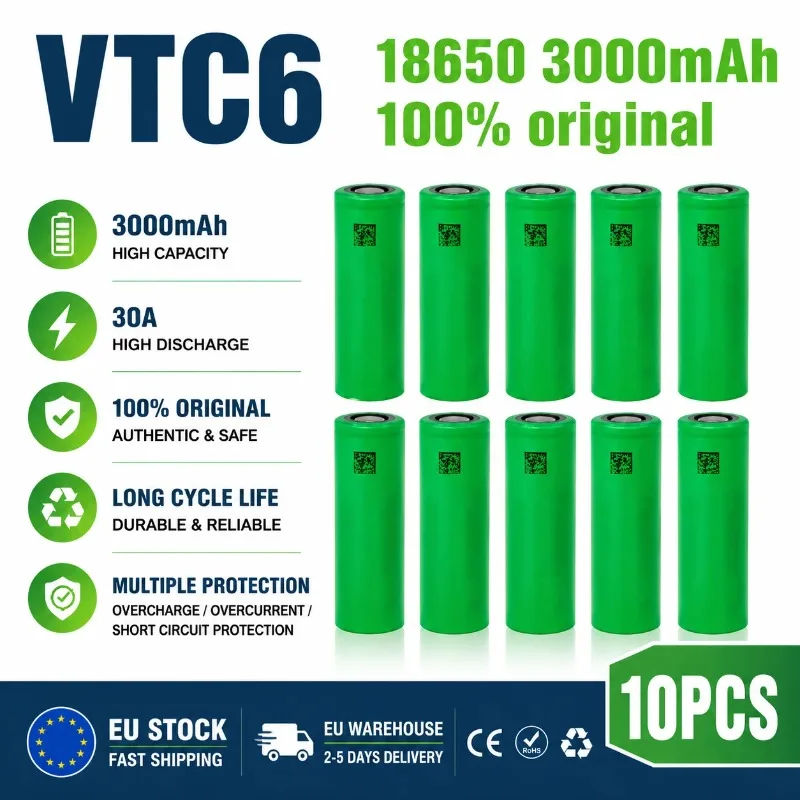 Batteria VTC6 18650 Li-ion 3000mAh 3.7V 30A, confezione da 10-50 pezzi – Disponibilità Locale UE, Spedizione Rapida, per Utensili Elettrici e Torce
