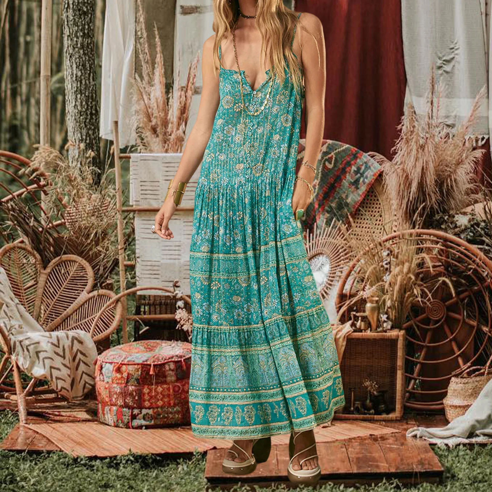 Boho Women Sukienka bez rękawów na ramiączkach Spaghetti Sukienka z kwiatowym nadrukiem Dekolt w kształcie litery V Długa, zwiewna sukienka na wakacje Koktajl Streetwear