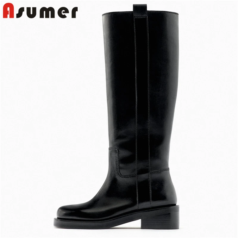 

ASUMER ZA Plus Size 34-43 New Genuine Leather Boots Women Slip On Platform Shoes Round Toe Black Autumn Winter Knee High Boots