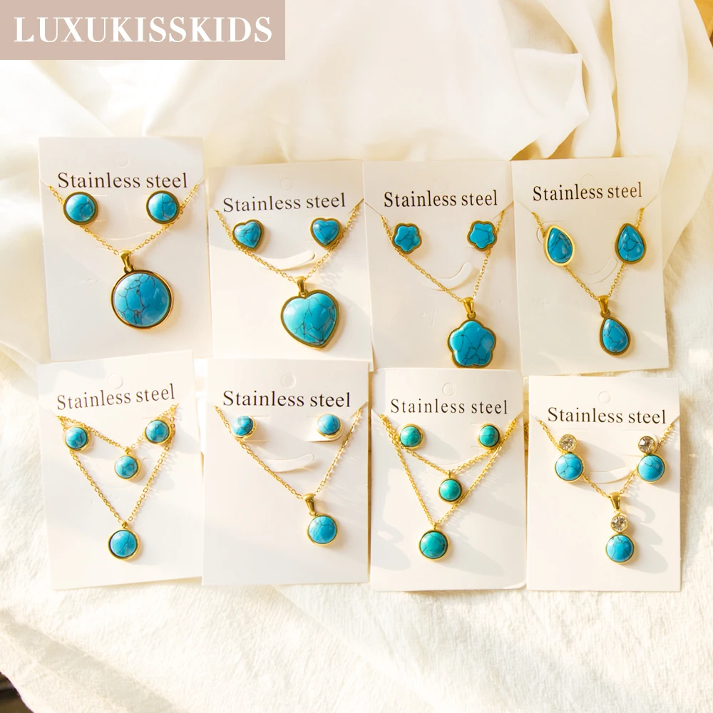 

LUXUKISSKIDS Blue Turquoise Stone Jewelry Sets Round Exquisite Pendant Necklaces with Earrings Luxury Wedding Bridal Accessories