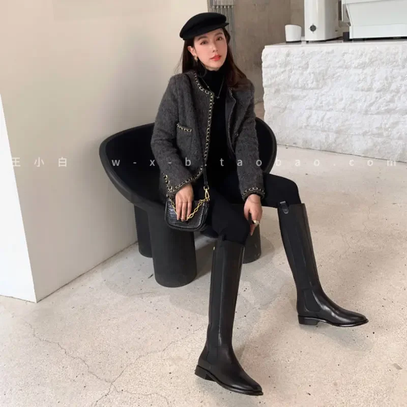 Genuine Leather Women Chelsea Boots Leather Knee High Heels Casual Woman Socks Shoes Platform Spring Winter Knee Boots