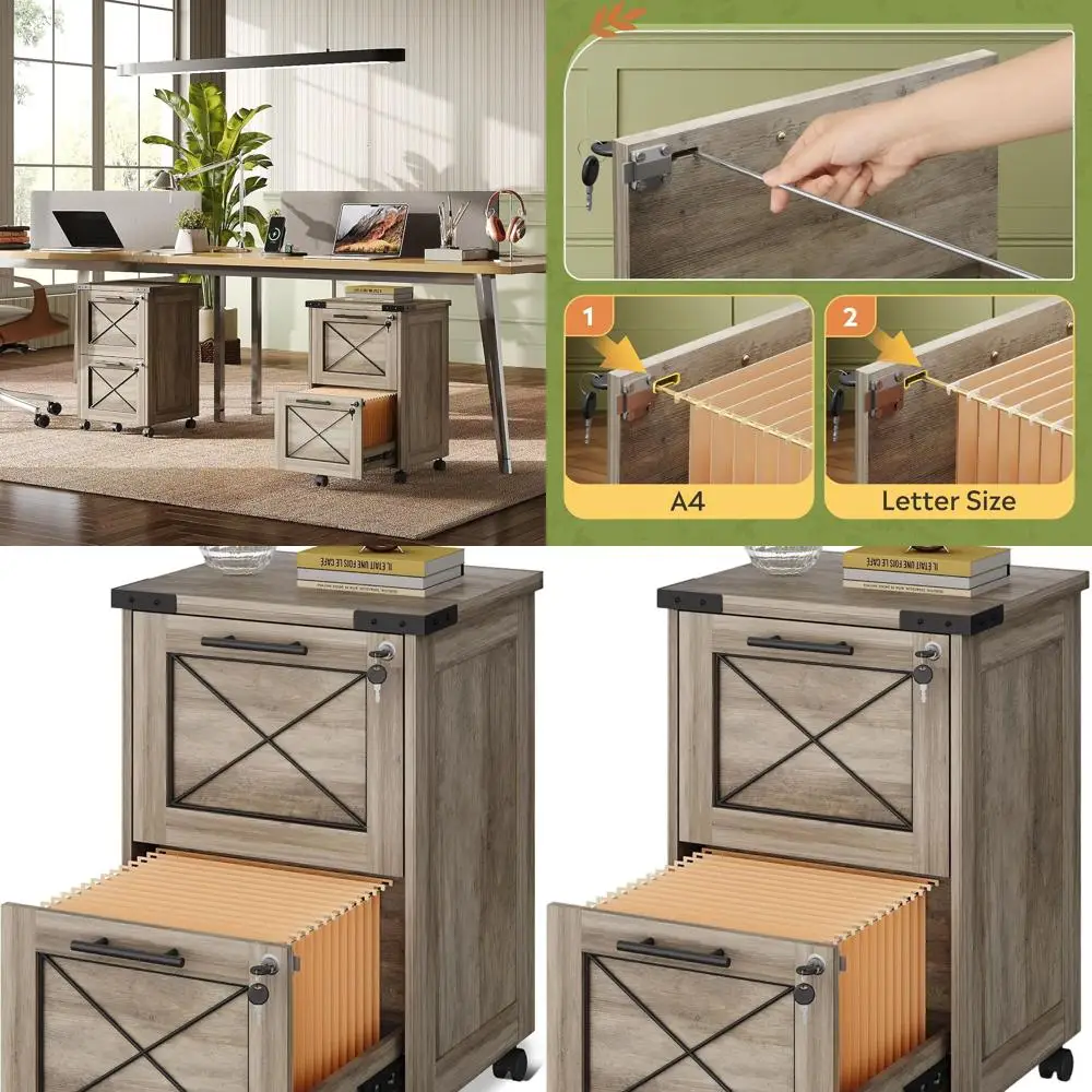 

Gray Oak Mobile Under Desk File Cabinet with Lock, Hanging Files, Printer Stand for Home Office Storage
