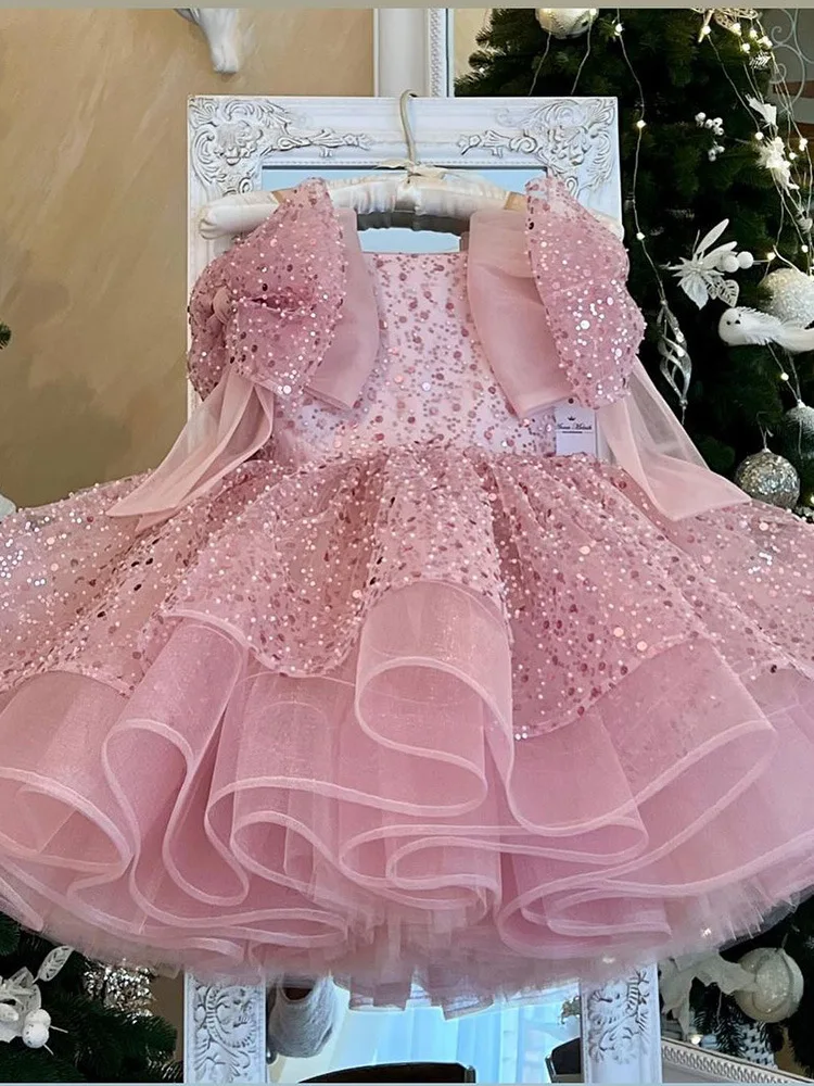 Gonna principessa con fiocco di paillettes da ragazza 2024 nuova gonna soffice in rete alla moda e lussuosa abbigliamento da spettacolo per pista di