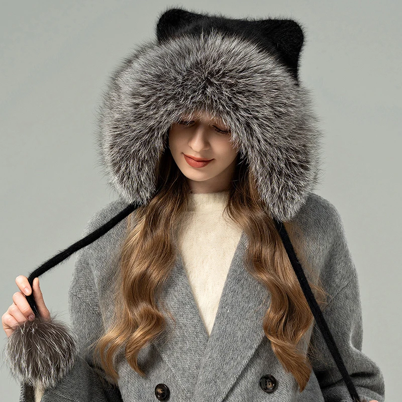 New Fluffy Fur Pure Fox Fur Women's Winter Hat Winter Lei Feng Hat Snow Ski Cap Female Thick Warm Windproof Ear-flap Hat