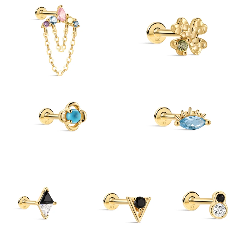 Aide 14K Solid Gold Piercing Earring Colorful Gemstone Butterfly & Ball Cartilage Stud for Women Minimalist Ear Stacking Jewelry