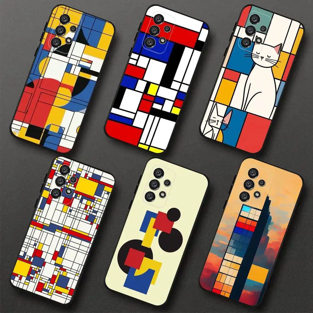 Casing Ponsel Abstrak P-PIET MONDRIANS untuk Samsung S 25,24,23,22,30,21,10,9,Ultra,Plus,Lite,FE,4,5G Casing Lembut Hitam