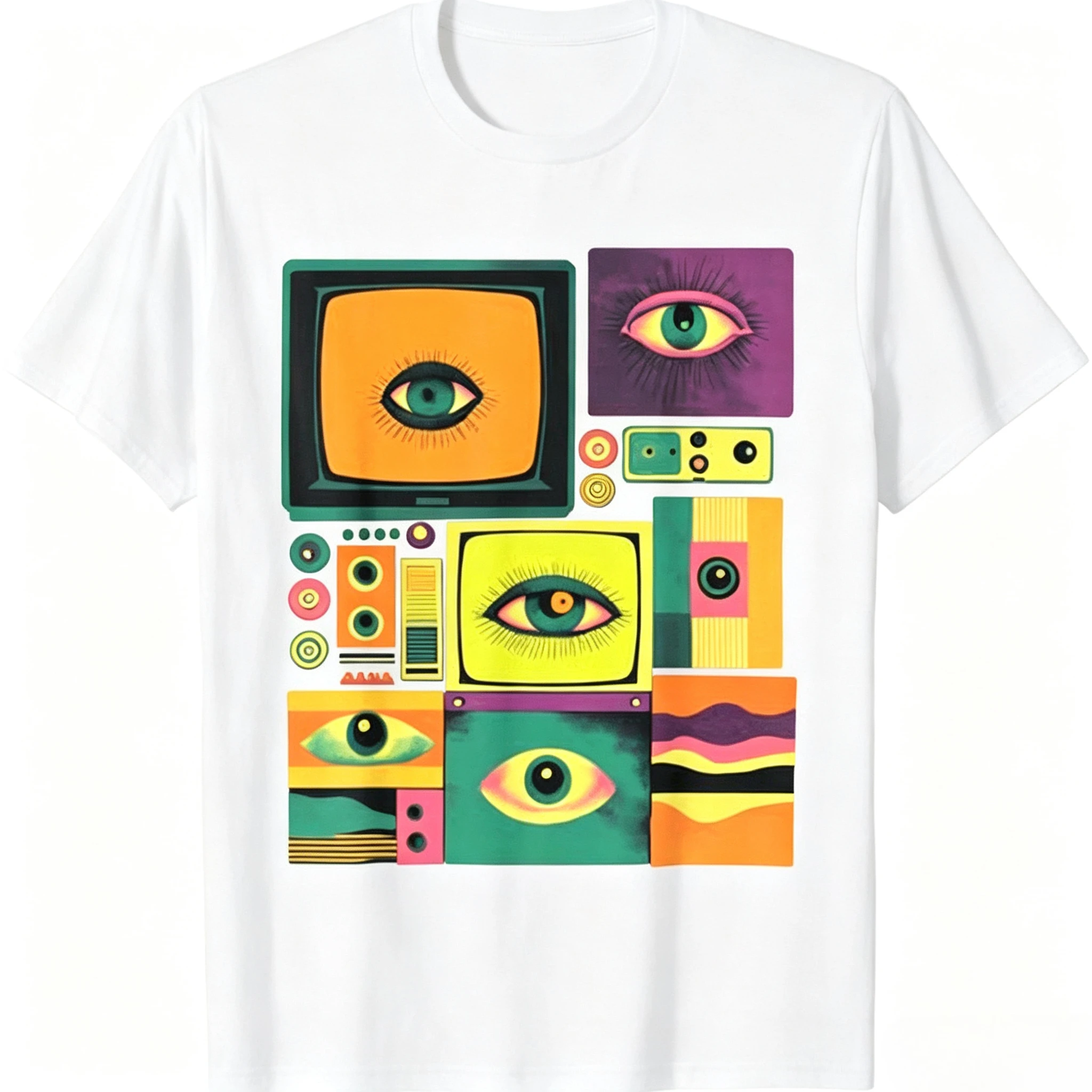 Y2K Psychedelic Art Tee All Seeing Eyes Vintage TV Geometric Color Block Surreal Abstract Graphic Ins Unisex Cotton Tshirt