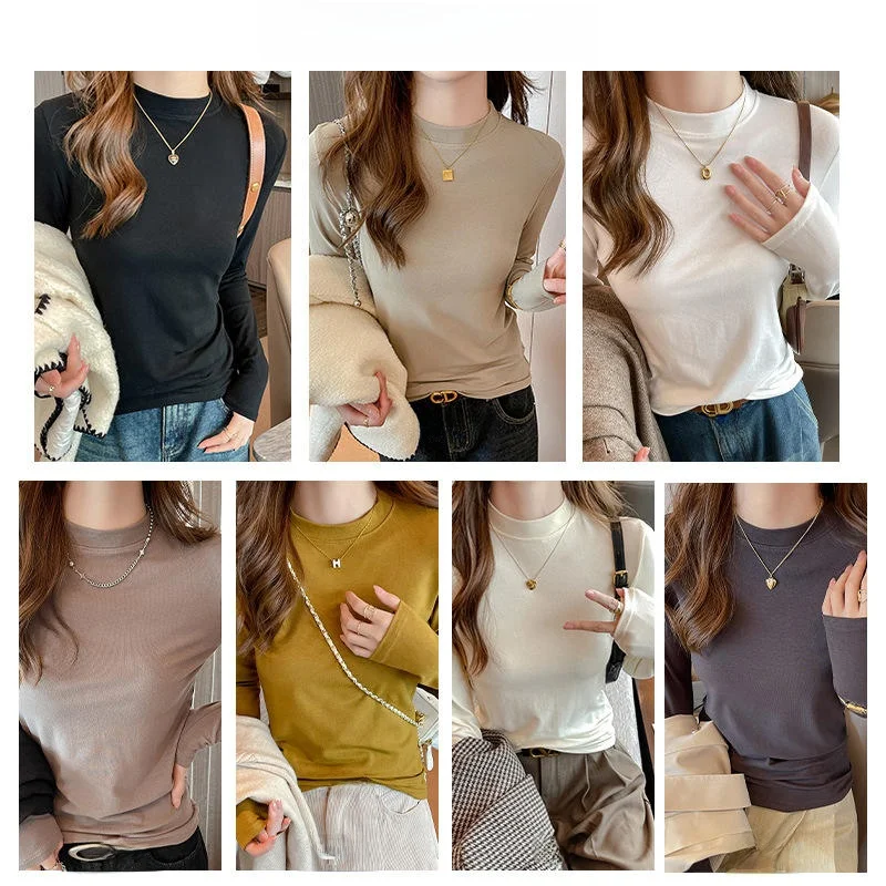 Women's Long Sleeve Basic Collar T-Shirt Inner Wear Base Layer Top Extra Layering Shirt Simple Style Winter Season Pure Color