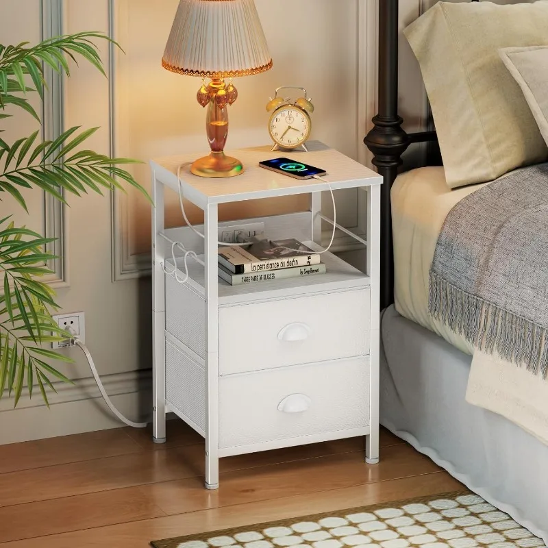 

Furologee End Table With Charging Station Nightstand With Fabric Drawers Side Tables With USB Ports Outlets Night Stand Wit
