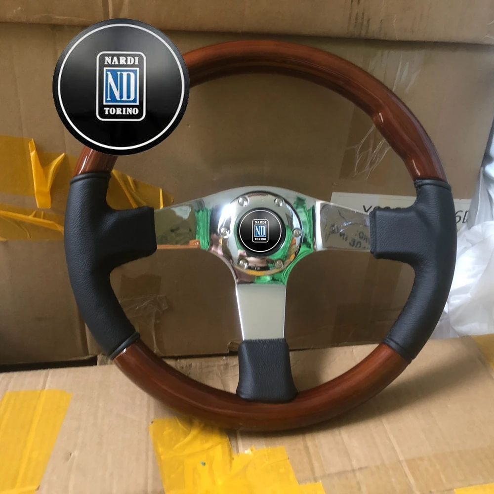 Racing Classic 14Inch Wood + Leather Nardi Steering Wheel Car JDM Nardi Wood Steering Wheel Volantes For VW HONDA TOYOTA BMW