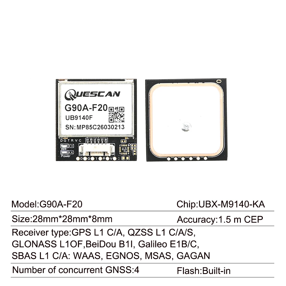 QUESCAN G90A-F20 Ublox M9 GPS GNSS Module with Antenna GPS GLONASS BeiDou Galileo Receiver for Arduino ESP32 STM32 GPS NMEA UBX