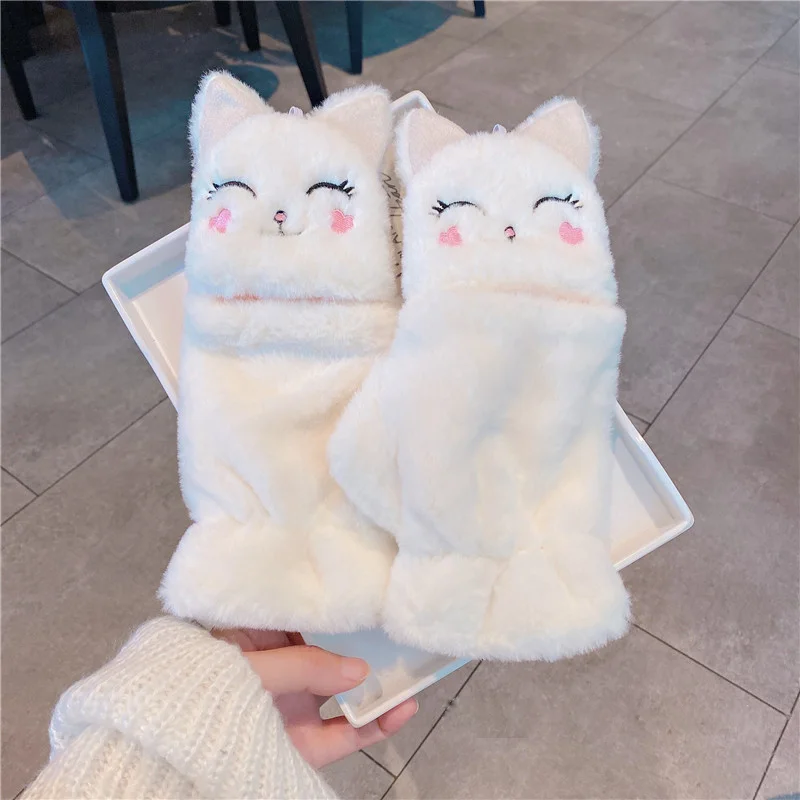 Winter Cat Rabbit Mittens Fingerless Gloves Thick Soft Plush Winter Warm Glove for Women Girls Half Finger Flip Gloves Mttten