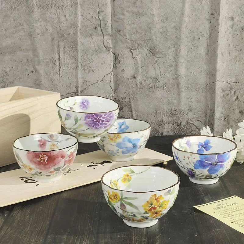 Japanese-Style Mino Yaki and Blue Ceramic Flowers Series Jinrongchun Underglaze Colorful Rice Bowl Five Bowls Tableware Set