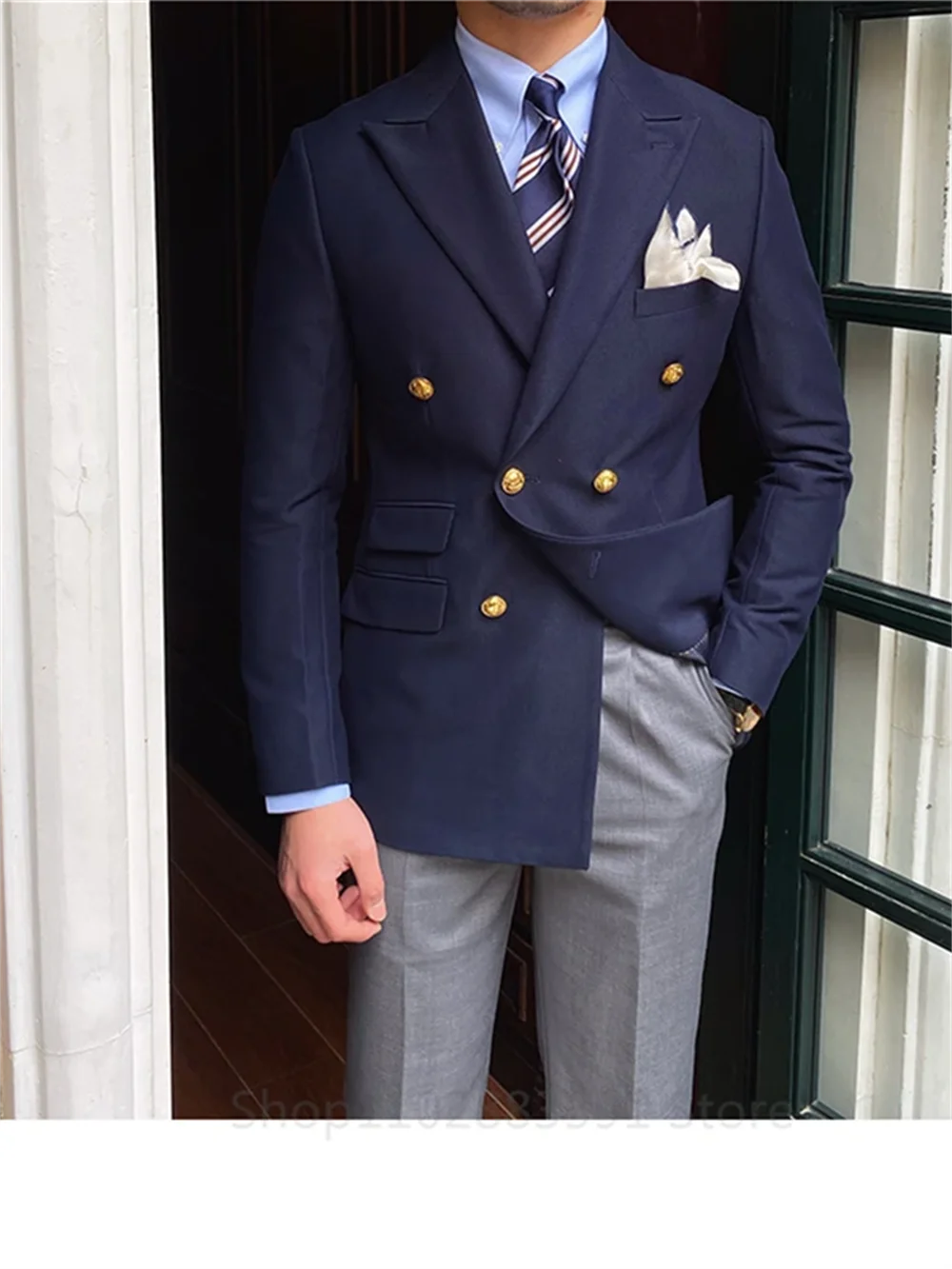1Pieces blue British Daily Only Men Blazer Slim Suit Blazer Solid Color Masculino Fashion Suit Double Breasted Casual Trendy