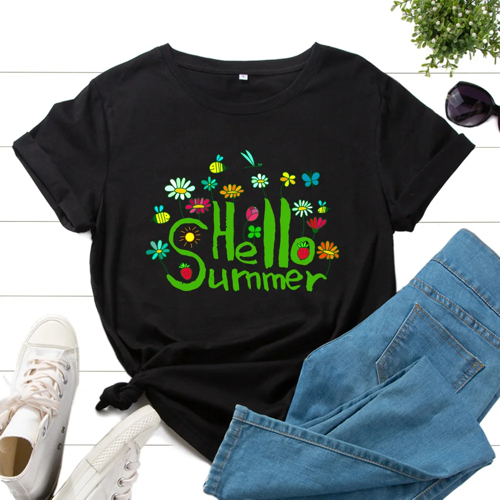 Hello Summer Flower Print Women T Shirt Short Sleeve O Neck Loose Women Tshirt Ladies Tee Shirt Tops Clothes Camisetas Mujer