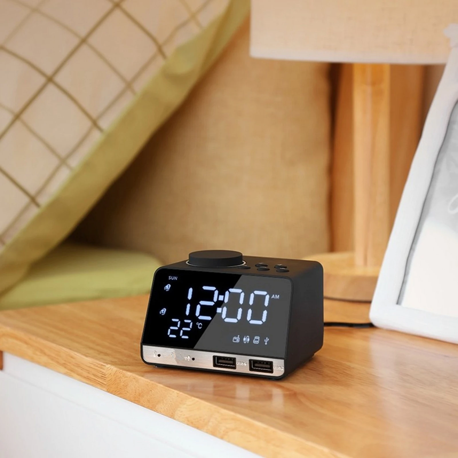 LED Digital Alarm Clock Bluetooth Radio Alarm Clock Mirror Temperature Display USB Ports Phone Charger US Plug