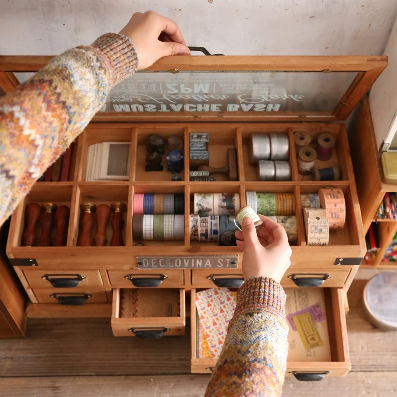 

Creative hand account handmade material stationery box tape solid wood storage box retro
