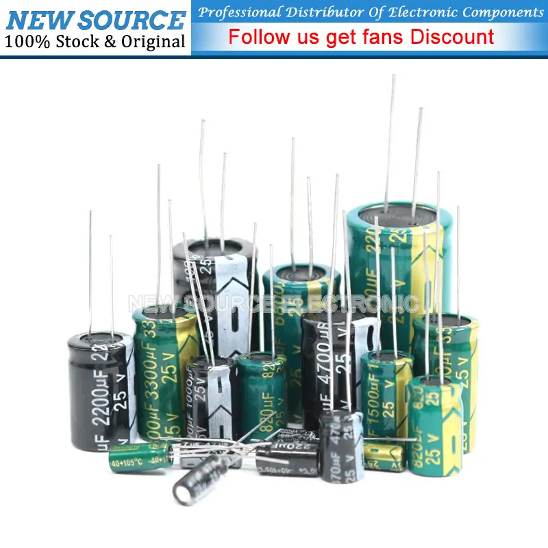 10-50pcs 25V DIP Aluminum Electrolytic Capacitor 10uF 22uF 33uf 47uF 68 100uF 120uf 150 220uF 330uf 470uf 680uF 820uf NewSource