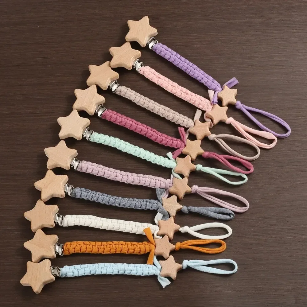 

Baby Beech Wood Pentagram Pacifier Clip Handmade Woven Cotton Soother Nipple Chain For Baby Nursing Teether Chewing Toys Gift