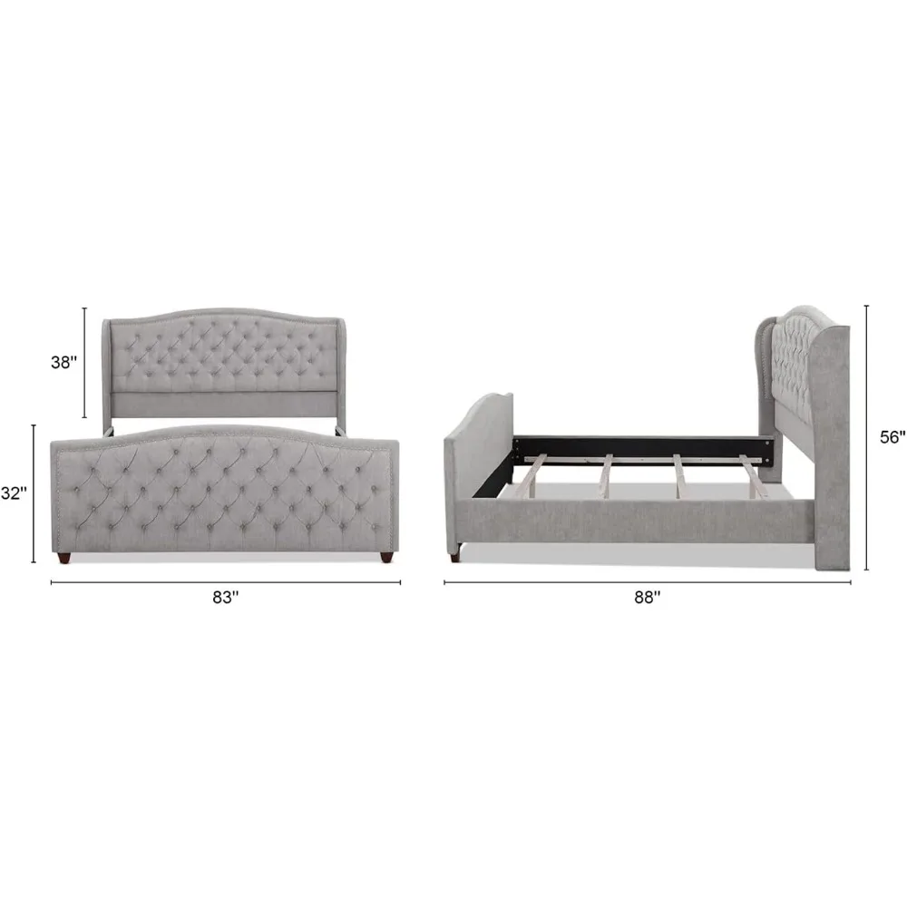 Home Marcella Upholstered Shelter Headboard Bed Set, King, Silver Grey Polyester