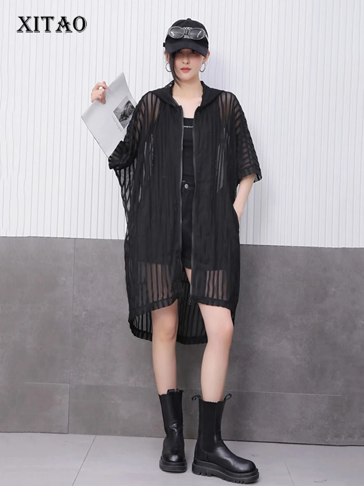 

XITAO Sheer Hooded Gauze Zipper Dress Solid Color Pocket Patchwork Striped Loose Temperament All Match Slimming Dress ZMY1181