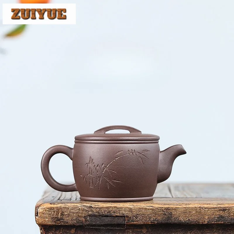 

300ml Yixing Purple Clay Teapots Handmade Large Caliber Bamboo Pot Raw Ore Purple Mud Tea Making Kettle With Filter Zisha Teaset