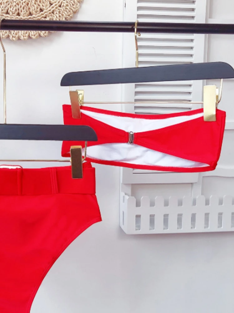 Bikini Bandeau rojo de cintura alta para mujer, traje de baño de dos piezas, ropa de playa, 2024