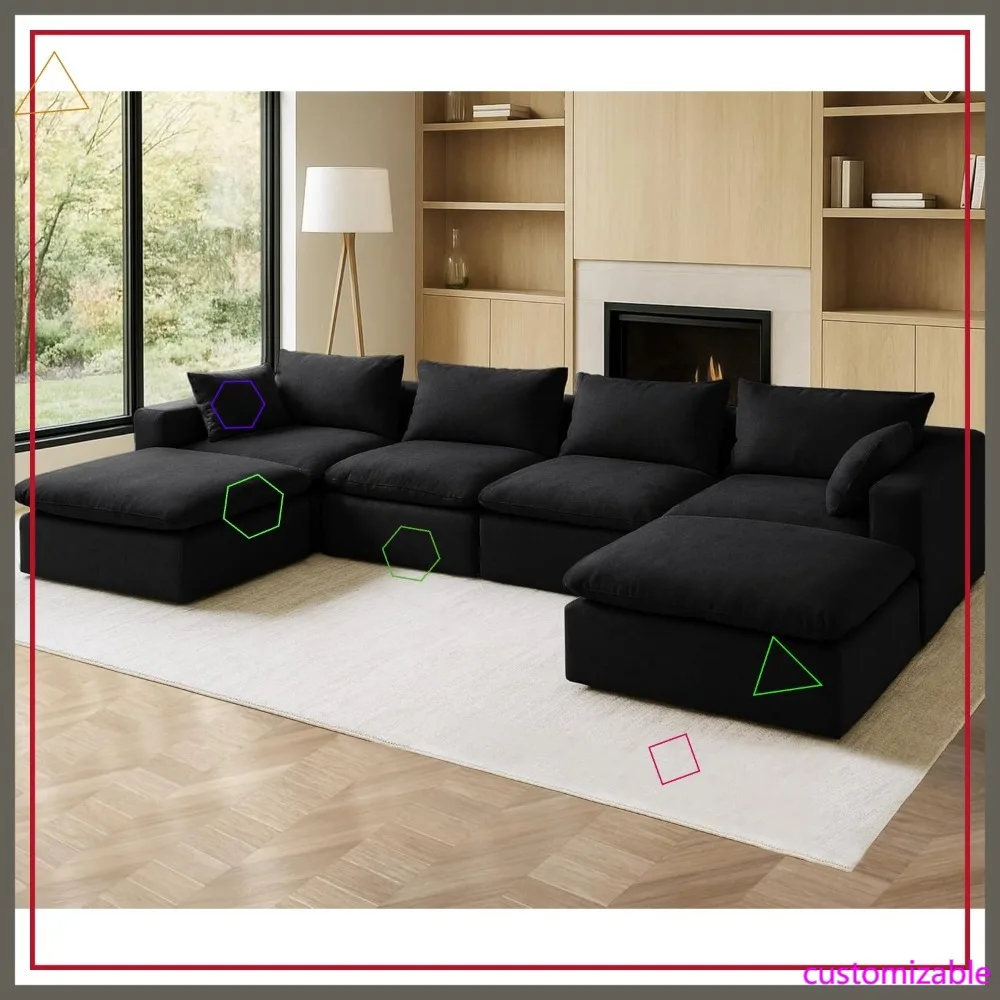 Sofá Seccional en Forma de U de 162.2 Pulgadas, Sin Necesidad de Ensamblaje, Sofá Modular de 6 Piezas con Otomana, Asiento Profundo de Chenilla para Sala de Estar, Negro