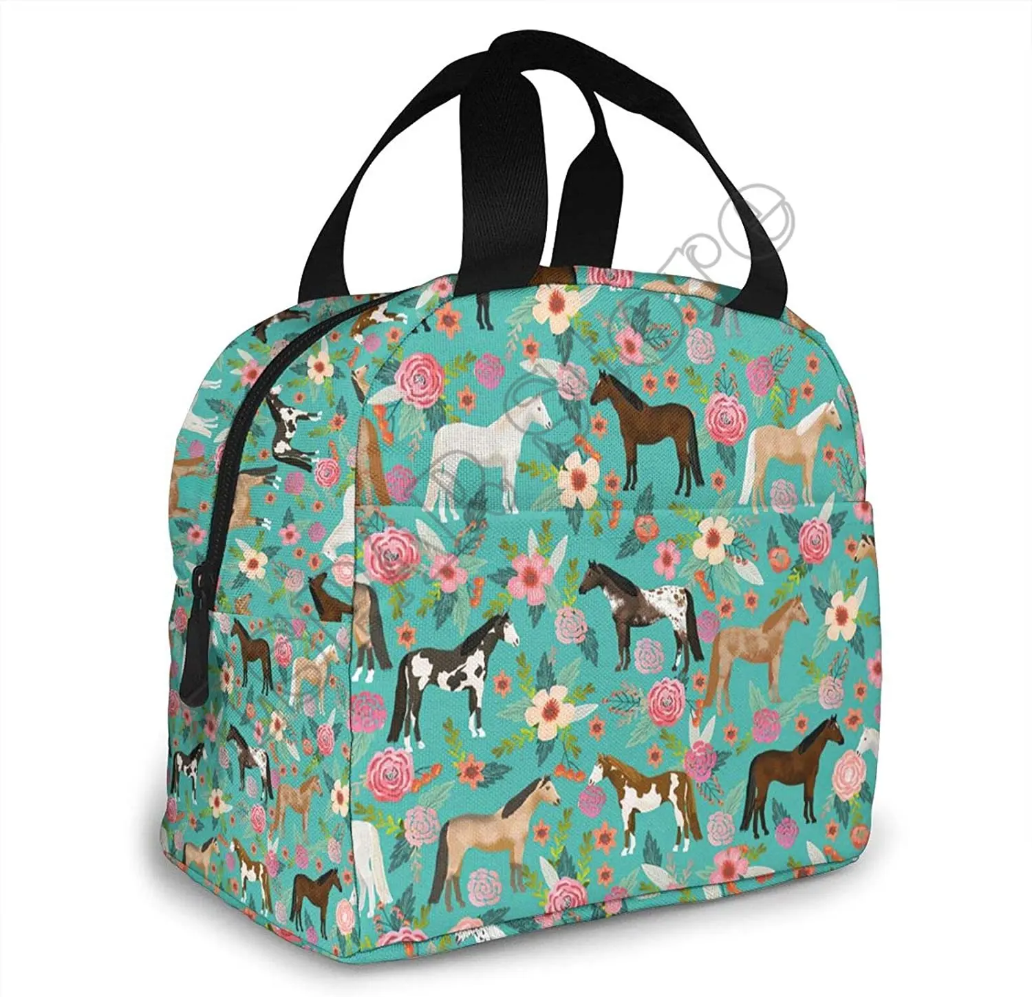 Horses And Flowers Lunch Bag Insulated Water-Resistant Tote Bag Reusable Lunch Box For Picnic Travel