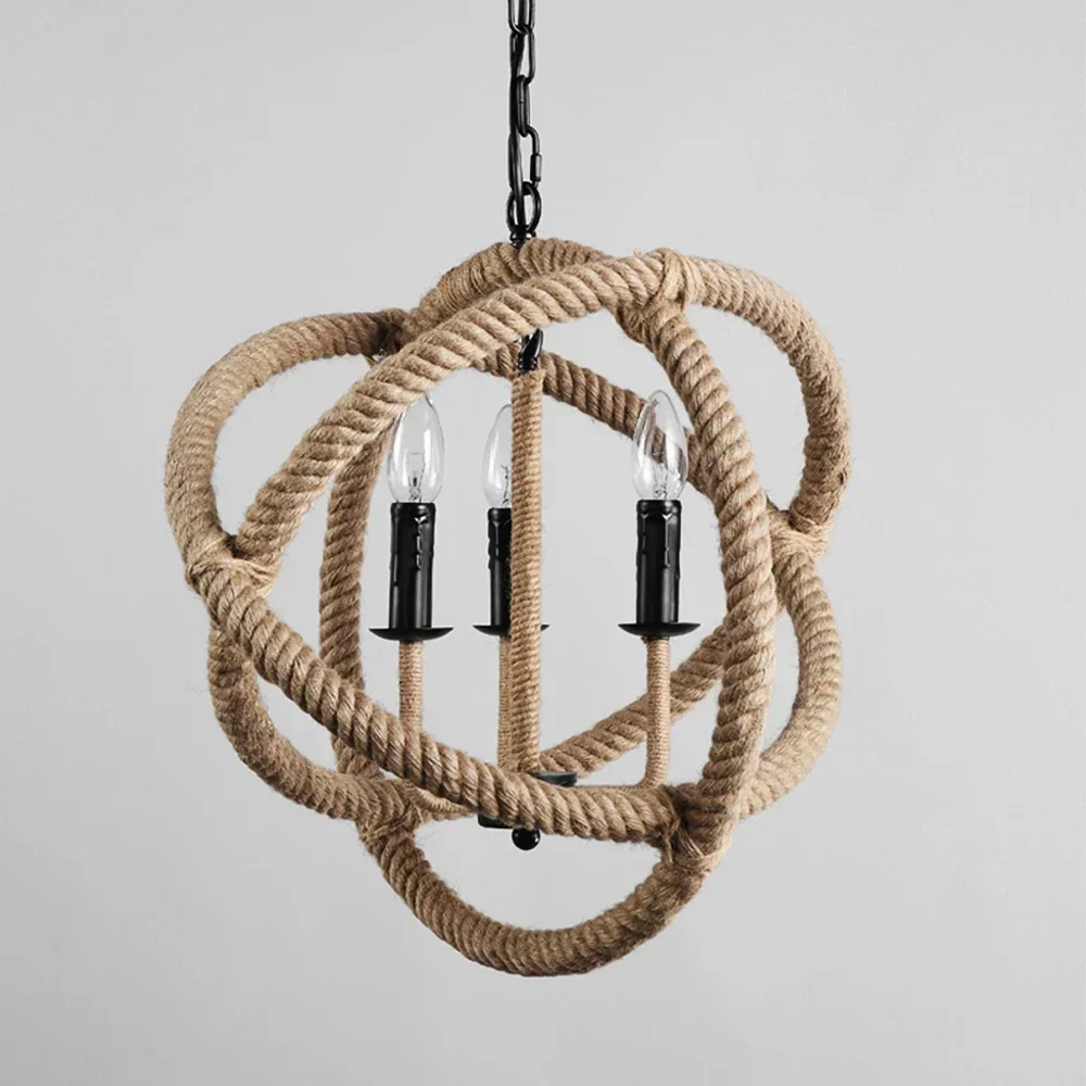 3 Arms E14 AC110-120V Hanging Hemp Rope Ball-Shaped Pendant Light Vintage Retro Country Style