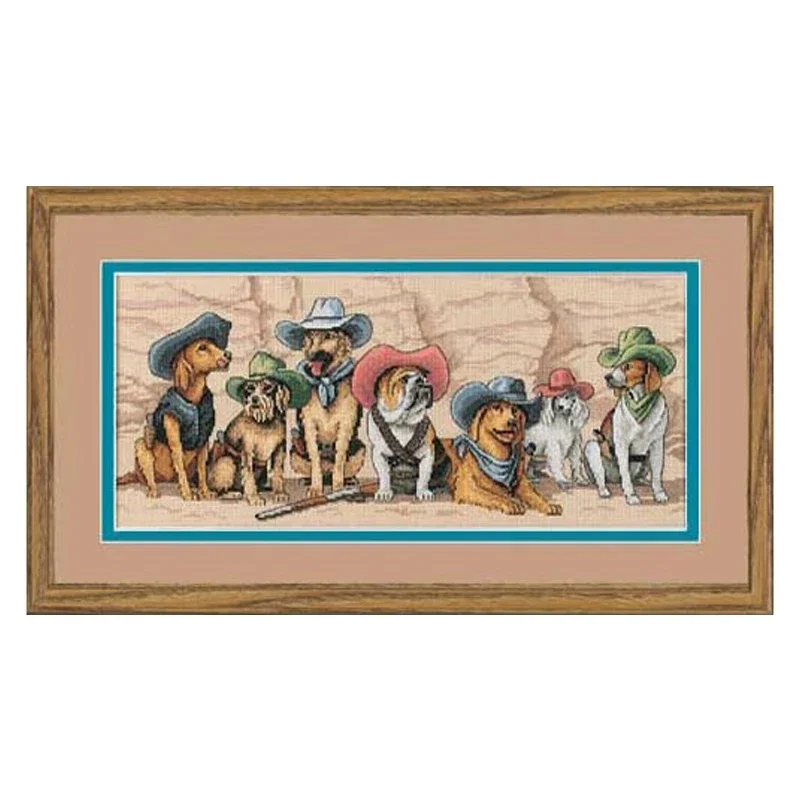 Amishop High Quality Cross Stitch Stitches Embroidery Kit Set Magnificent Seven Cowboy Dogs Puppy Puppies Doggy Dim13659