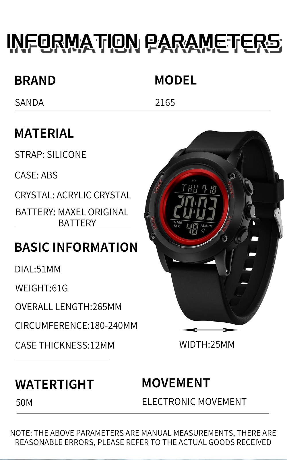 SANDA 2165 موضة طالب ساعة إلكترونية رياضية مقاوم للماء متعدد الوظائف LED العسكرية الرجال ساعة رقمية إلكترونية 2025