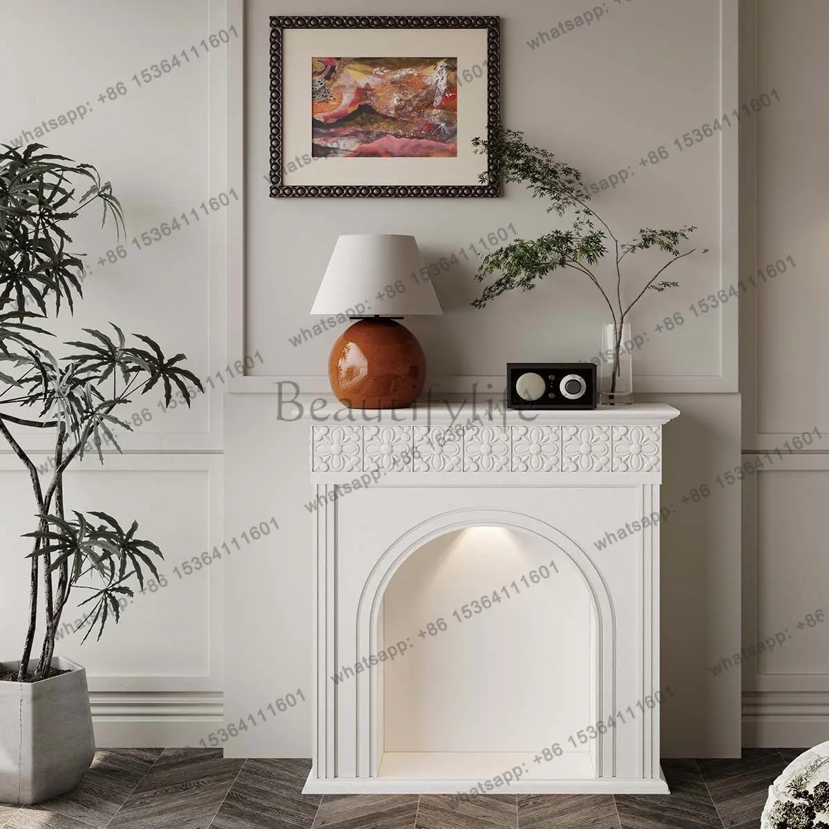 French cream carved fireplace cabinet luminous European American simple simulation decorative cabinet