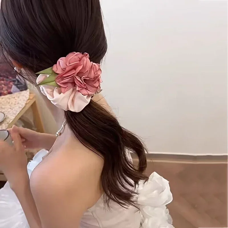 French Vintage Big Flower Hair Ring Headband Girls Korea Elastic Rubber Band Hair Rope for Women Ponytail Tie Hair Accessories