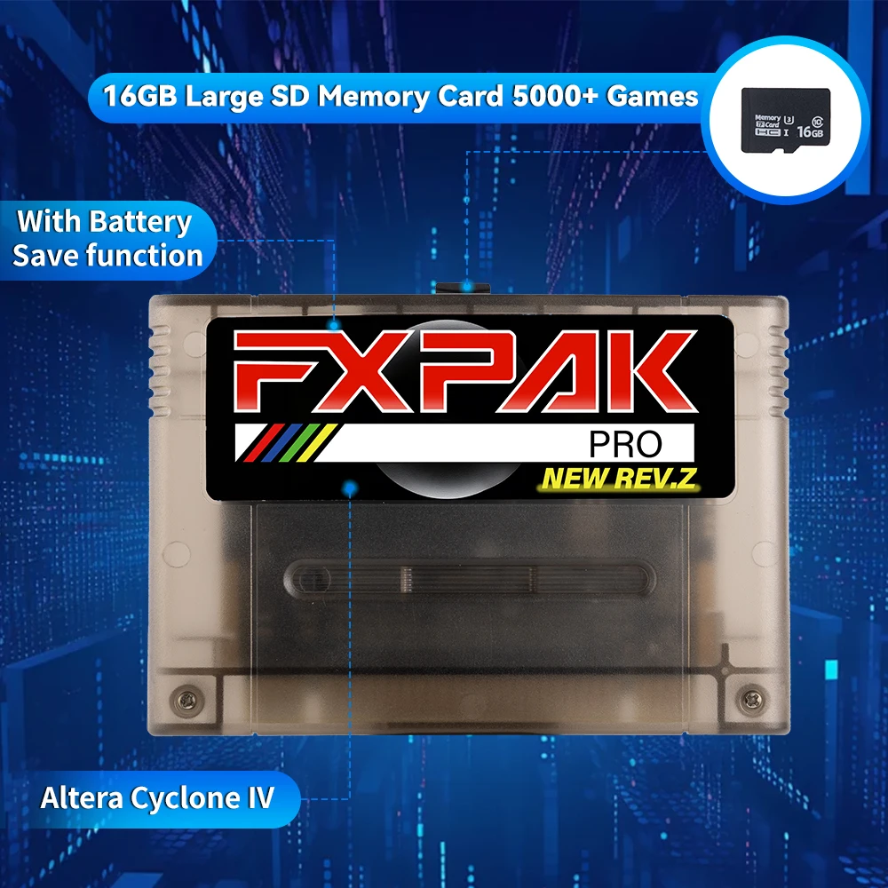 أحدث KY Ultimate Rev. Z لخرطوشة FXPAK Pro لوحدة تحكم ألعاب الفيديو SNES/SFC 16 بت مع بطاقة SD 16G وشريحة Cyclone IV