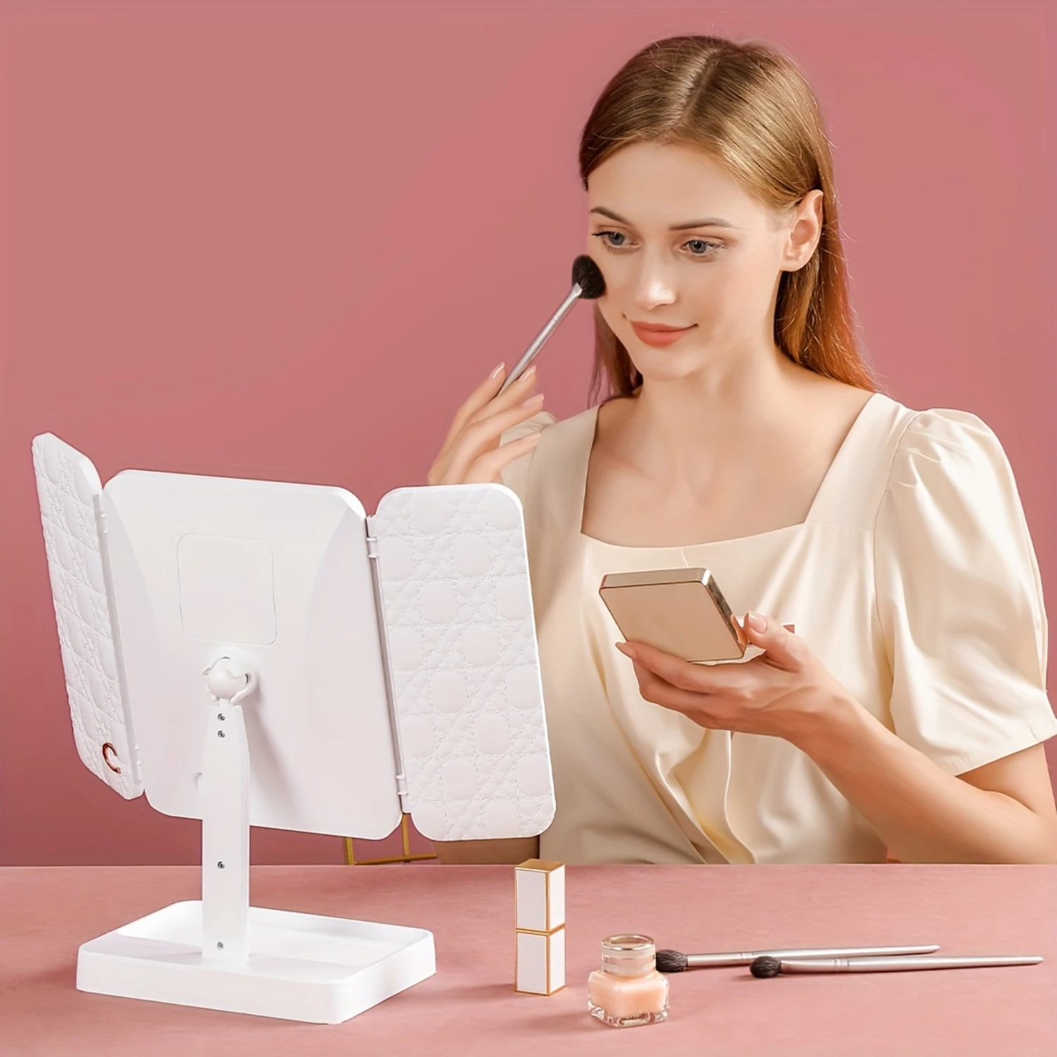 Lighted, Rotatable, Foldable Vanity Makeup Mirror with USB Rechargeable Feature, 3 Colors Light, Screen Dimming - Ideal for Desk