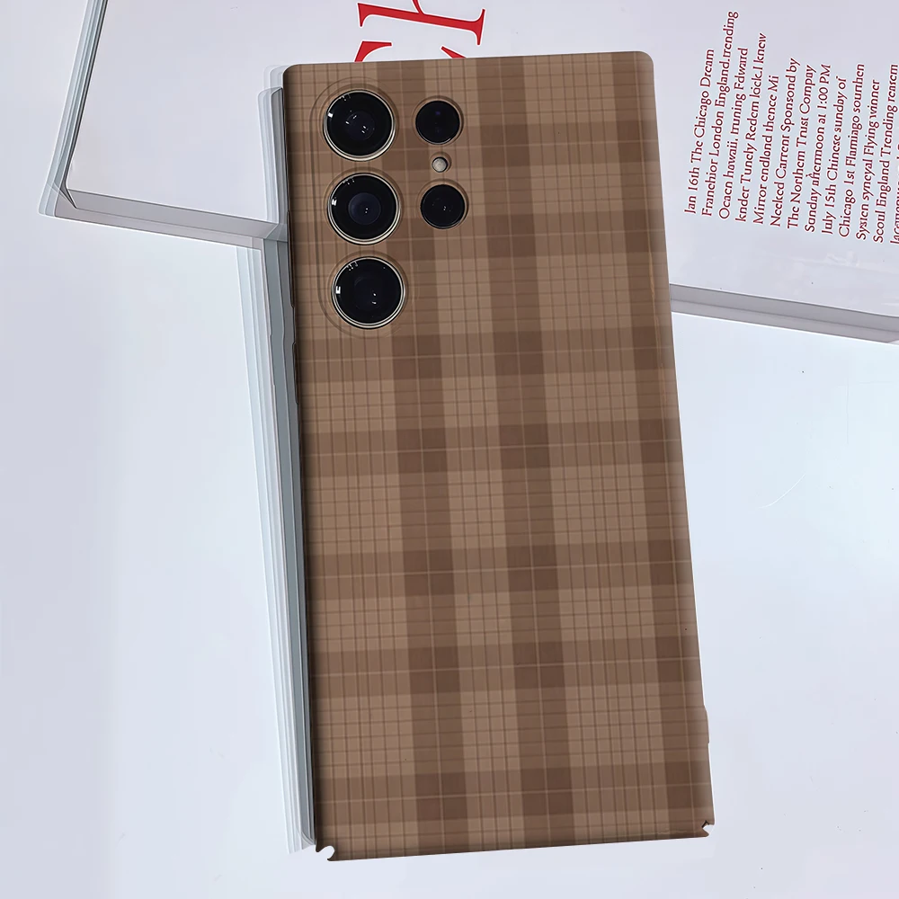 Brown Tone Fine Plaid Phone Case for Samsung Galaxy S26 S25 Ultra S24 S23 Ultra Plus Glossy Double-layer Back Cover