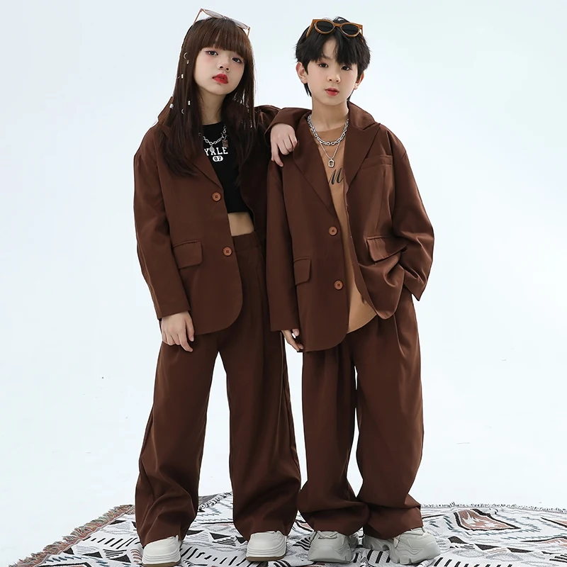 Jazzdans Pak Voor Kinderen Hiphop Kleding Street Dance Kostuum Lange Mouw Top Broek Koffie Vest Pak Stadium Outfit Dragen DQL10069