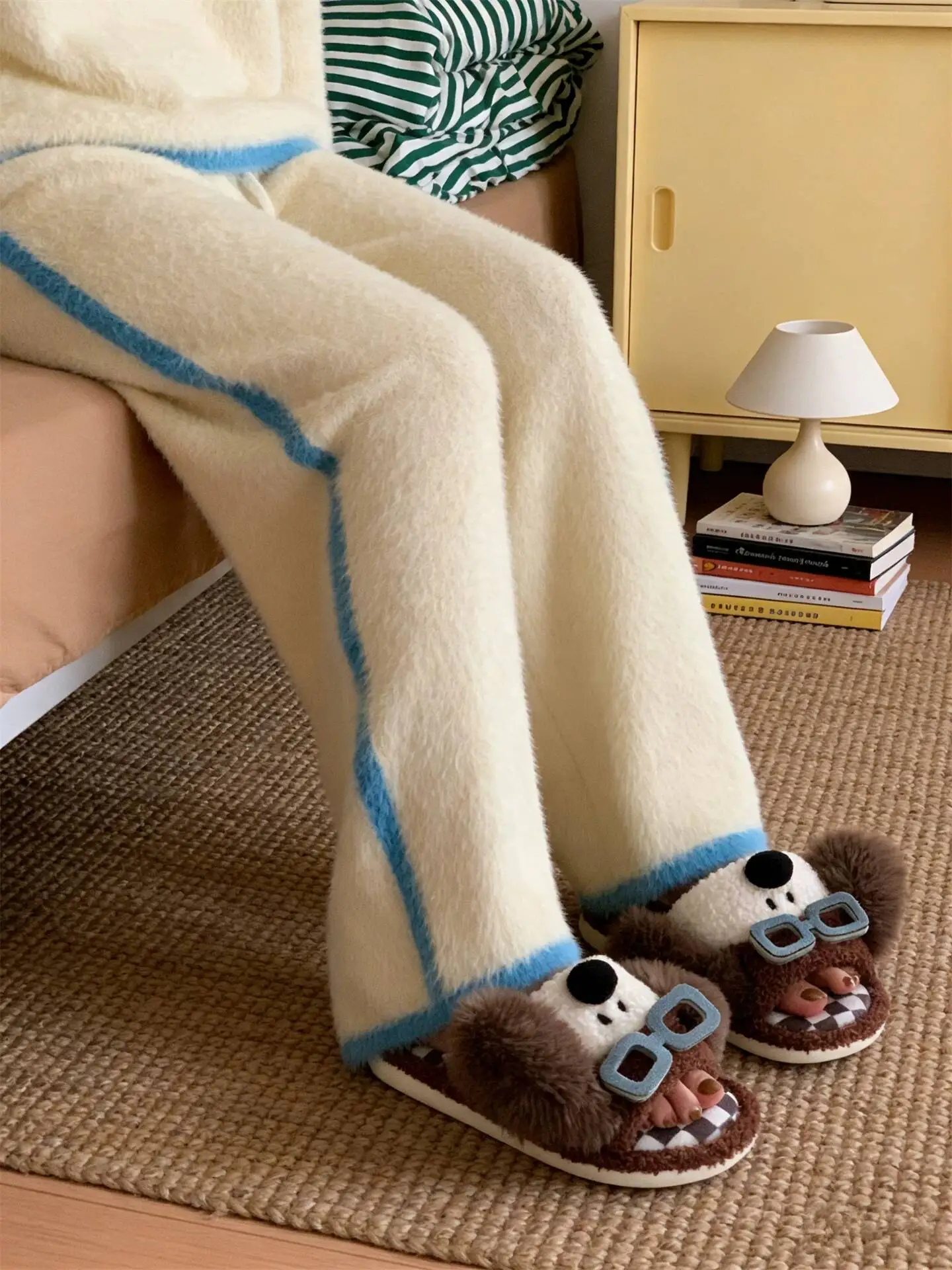 2026 Autumn Winter Couple Furry Slippers Funny Dog With Glasses Print Non Slip Indoor One Band Cotton Slides Ins Style Men Women