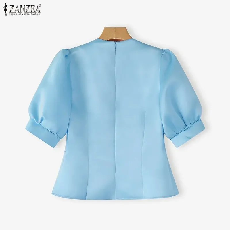 ZANZEA élégant OL Satin Blouse mode manches bouffantes chemise 2026 été femmes col en v solide élégant tunique hauts bureau dame Blusas