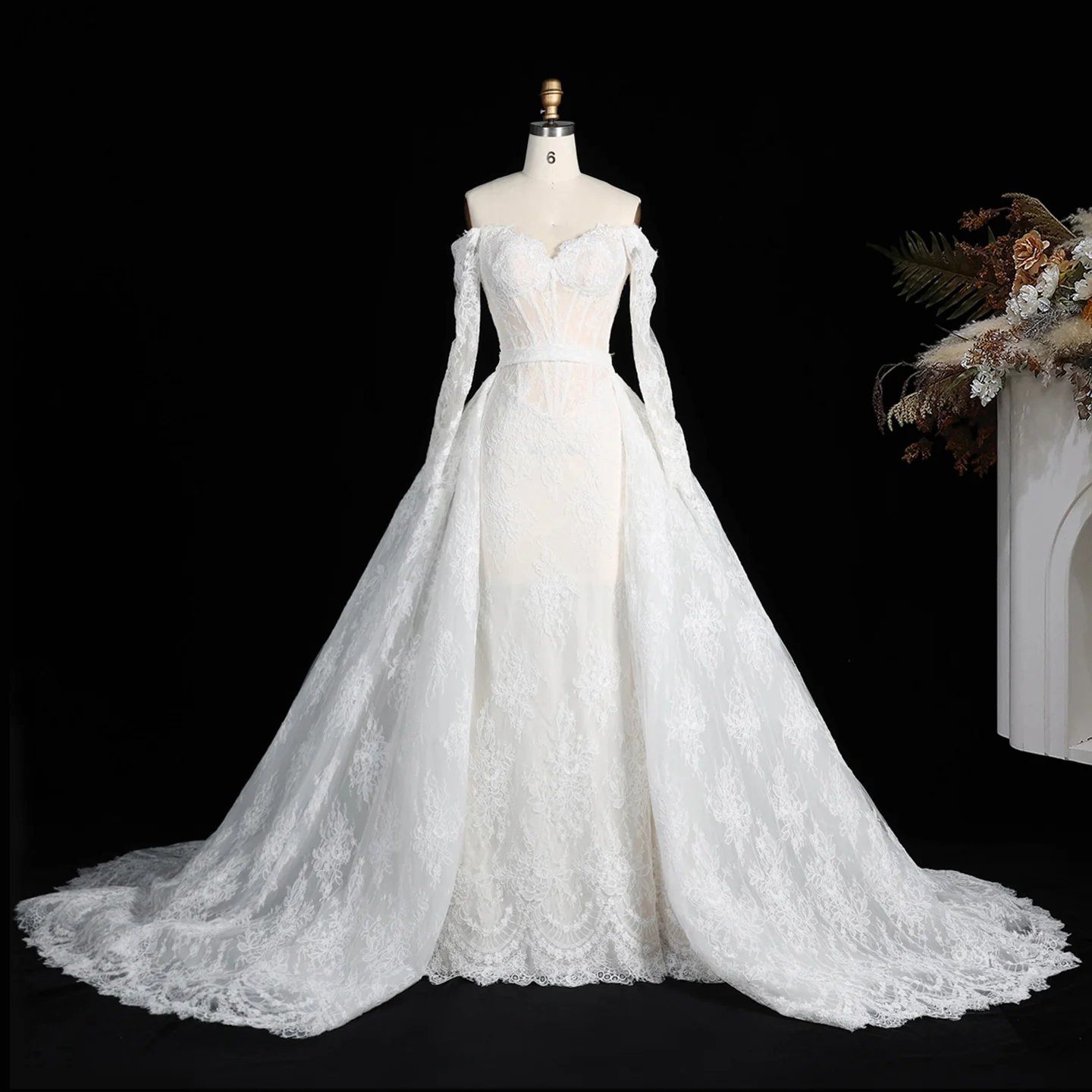 Sharon Said Lace Wedding Dress Mermaid Off Shoulder Long Sleeves Overskirt Long Train Luxury Bridal Gowns SW678 Customized