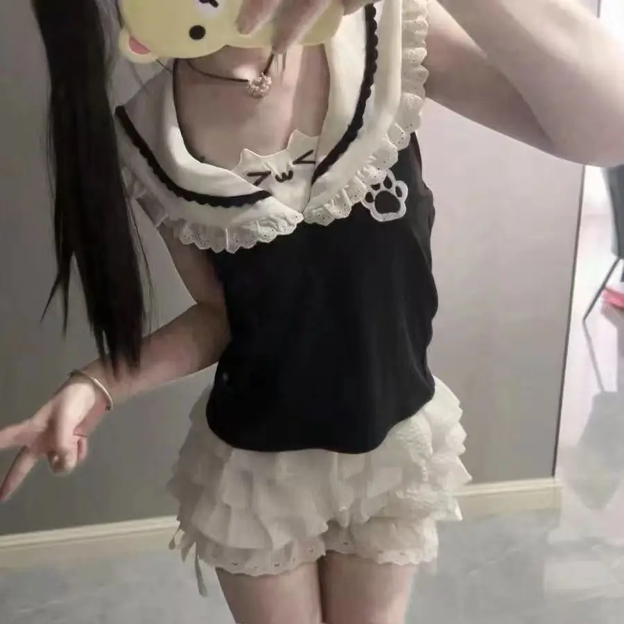 اليابانية القط الكرتون لطيف تي شيرت قصير Y2k Kawaii الملابس دمية الرقبة الحلو المرأة مقوس دانتيل الصيف قصيرة الأكمام تيز الجرونج