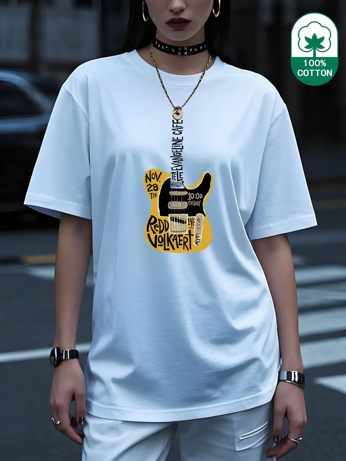

(180g Pure Cotton T-Shirt) Guitar Creative Letter Poster Print Women's Summer Round Neck Thick Short Sleeved T-Shirt Casual Pure