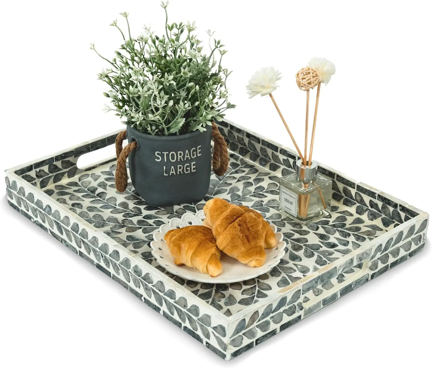 

Прямоугольный деревянный поднос 40х30 см с перламутровой инкрустацией и ручками для чая, завтрака или декора дома