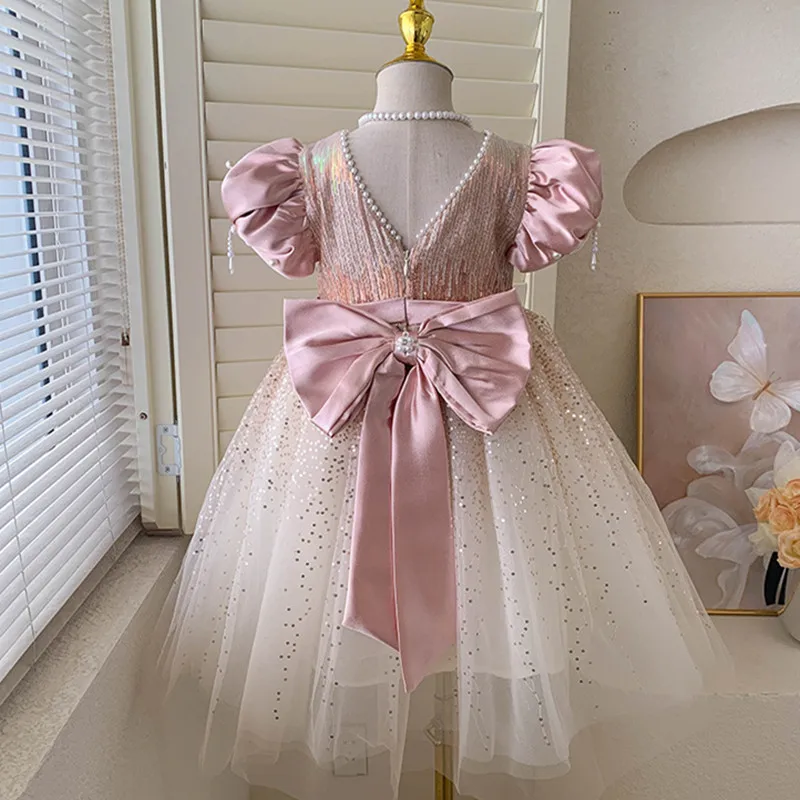 2024 Big Bow Sequin Princess Dress Stage Performance Costume Beading Elegant Girl Baby Dresses Baptism Ball Gown 2-11 Years Old