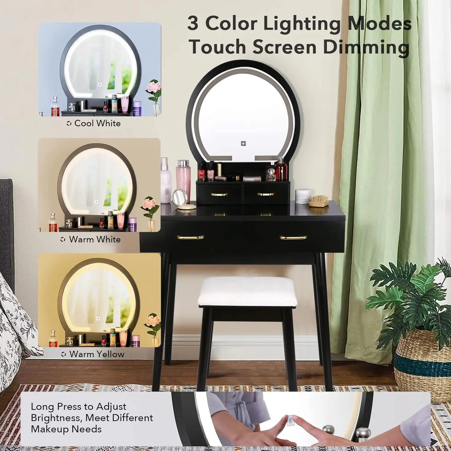 SMOOL Vanity Desk with Lighted Mirror 4 Drawers Makeup Table with Soft Cushioned Stool for Bedroom Studio, Black