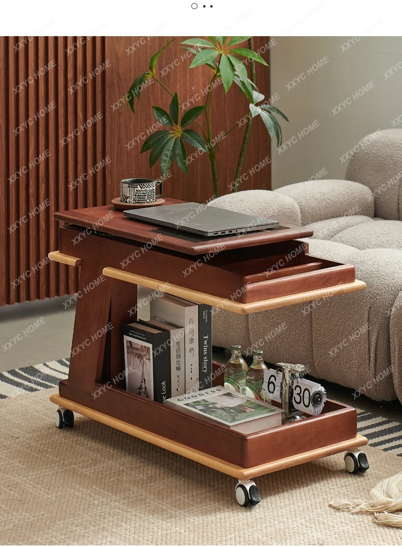 Medieval style solid wood trolley sofa side table rotating coffee table table