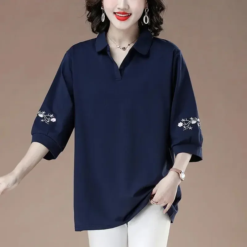 

Mom's Spring Summer New Polo Collar Pullover T-shirt Commuter Fashion Embroidery Splice Loose Casual Versatile Sleeve Tops Z79