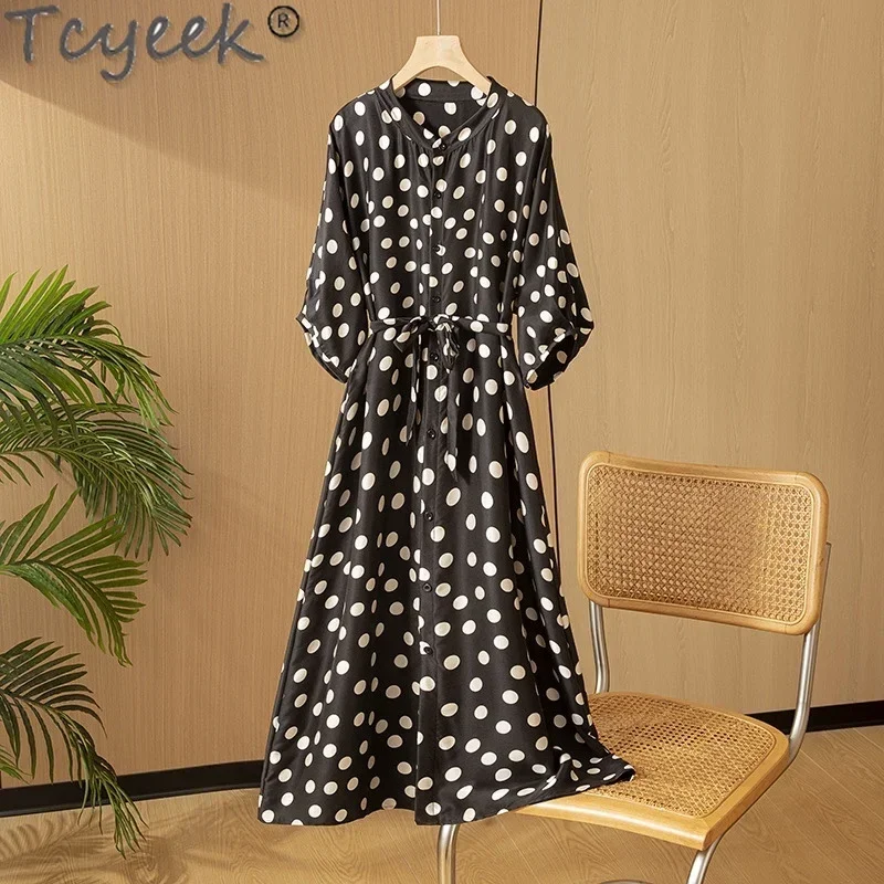 Tcyeek 100% Real Mulberry Silk Dress 2024 Elegant Dresses for Women Summer Clothes Long Women's Dress Lace-up Vestidos De Mujer